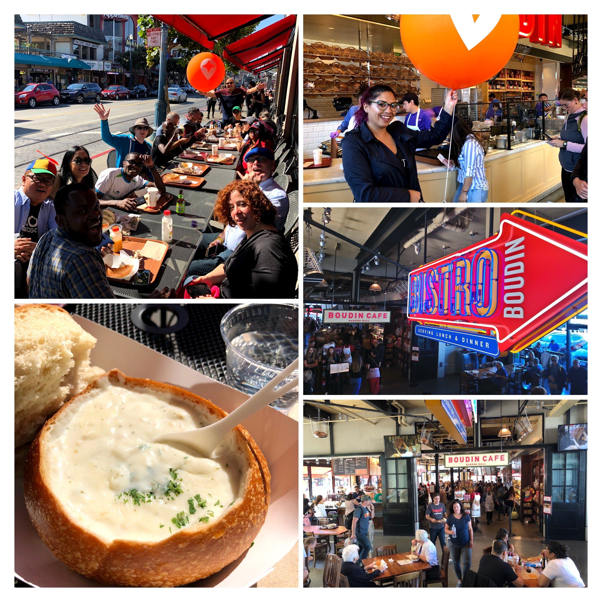 Caption: Connect Live 2018 Local Guides attendees eating lunch at Boudin Bakery in Fisherman's Wharf before our group sail tour, October 19, 2018