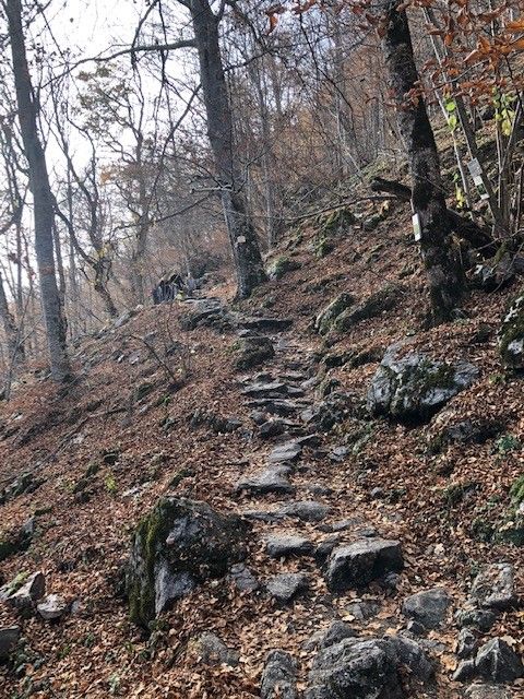 Caption: trail in the mountain with with a lot of rocks that lead to where Saint Ivan of Rila was initially buried.