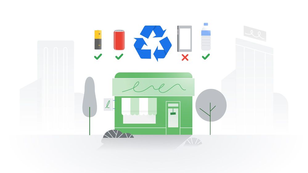 Caption: An illustration of a local business, the recycling symbol, and different types of recycles: a battery, a can, a smartphone, and a plastic bottle.