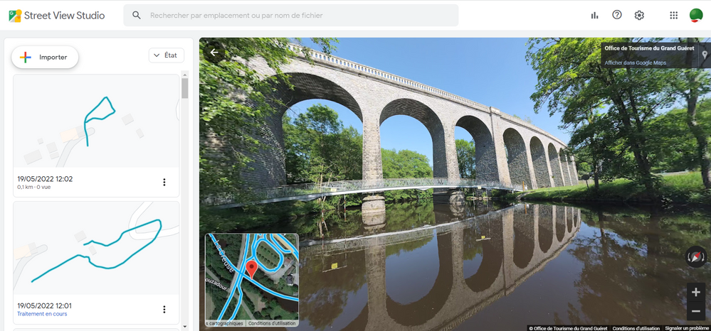 Caption: A screenshot of the Street View Studio platform showing a log of blue lines (left) and an image by Christophe Courcaud of a bridge over the Creuse River in France (right).
