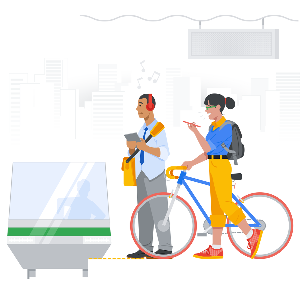 Caption: An illustration of a person carrying a tablet and another one speaking to their phone and holding a bicycle while waiting on a train platform.