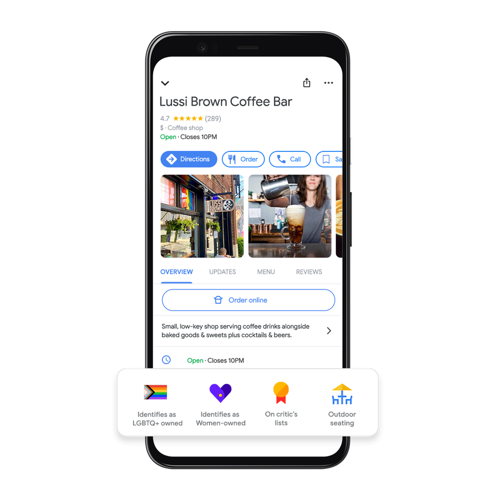 Caption: An image of the Business Profile for Lussi Brown Coffee Bar that showcases the new LGBTQ+ owned business attribute on Google Maps.