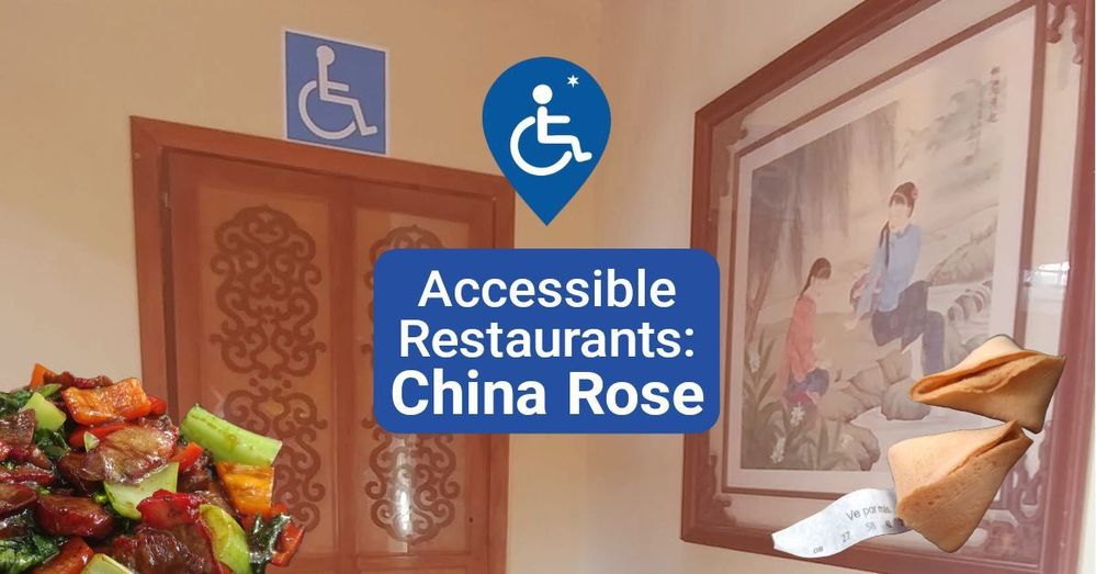 Caption: A photo of a corner of a restaurant with a big accessibility sign on top of a door, with a digital text added: "Accessible Restaurants: China Rose"
