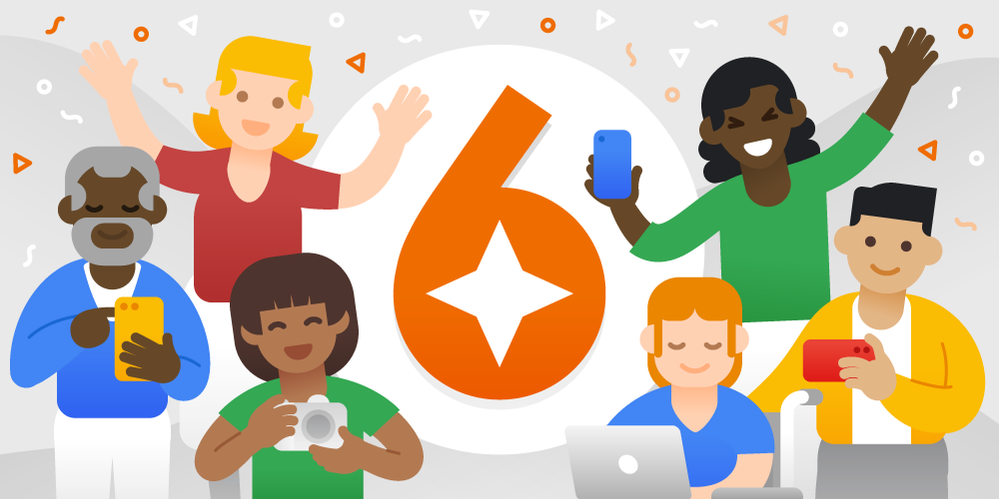 Caption: An illustration of Local Guides celebrating Connect’s birthday and the number ‘6’ in the middle.