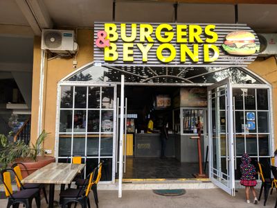 Caption: Burgers and Beyond Restaurant front