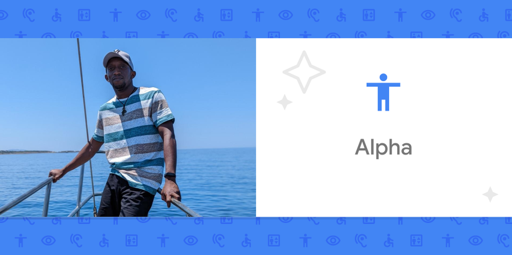 Caption: A photo of Alpha on a boat and an illustration with the words ‘Alpha’ inside a blue frame with accessibility symbols.