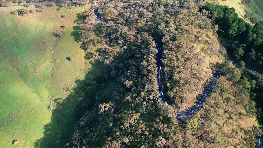 Caption: An aerial photo of a road winding through a forest. (Local Guide @Teana_K)