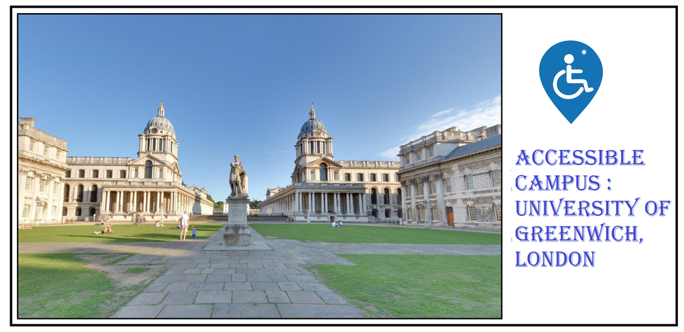 Caption :  A photo of 'University of Greenwich' campus taken recently by me with test reading 'Accessible Campus : University of Greenwich,London'