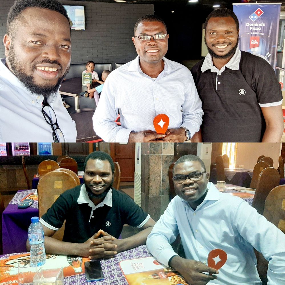Caption: : @SanyaOdare a  prominent level  10 local guide , @Shola_ the host local guide holding the local guide logo,@Labule another level 10 local guide posing for the photo at our local guides day out in Lagos  Nigeria. Now that the 2 photos were at 2 different venues.