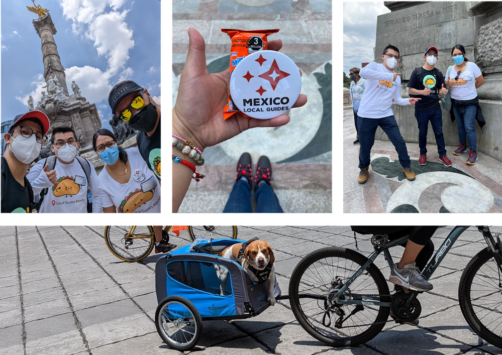 Collage con una selfie  de los asistentes, en el centro un Gansito y un pic de Local Guides México y a la derecha una foto de Erneto, Lalo y Bere . Abajo, una foto de un perro participando en el recorrido dentro de su carrito remolcado por una bici