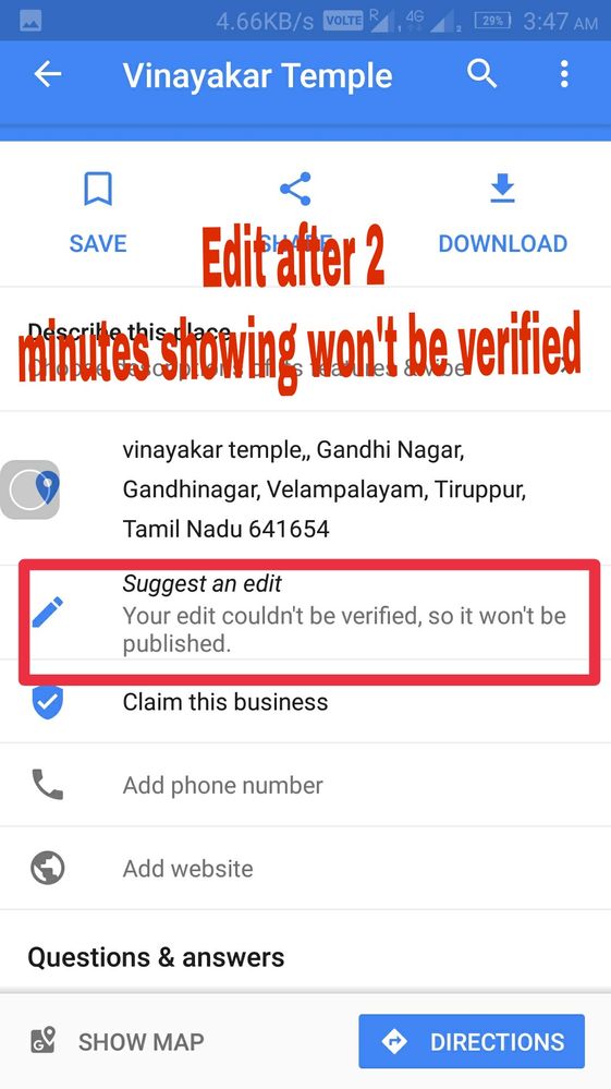 I will edit the place address it's showing viefiy.but suddenly showing won't be verified within 1 minutes every time showing same answer what can I do.?