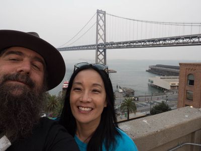 Karen and me doing a bridge selfie with the Oakland Bay Bridge