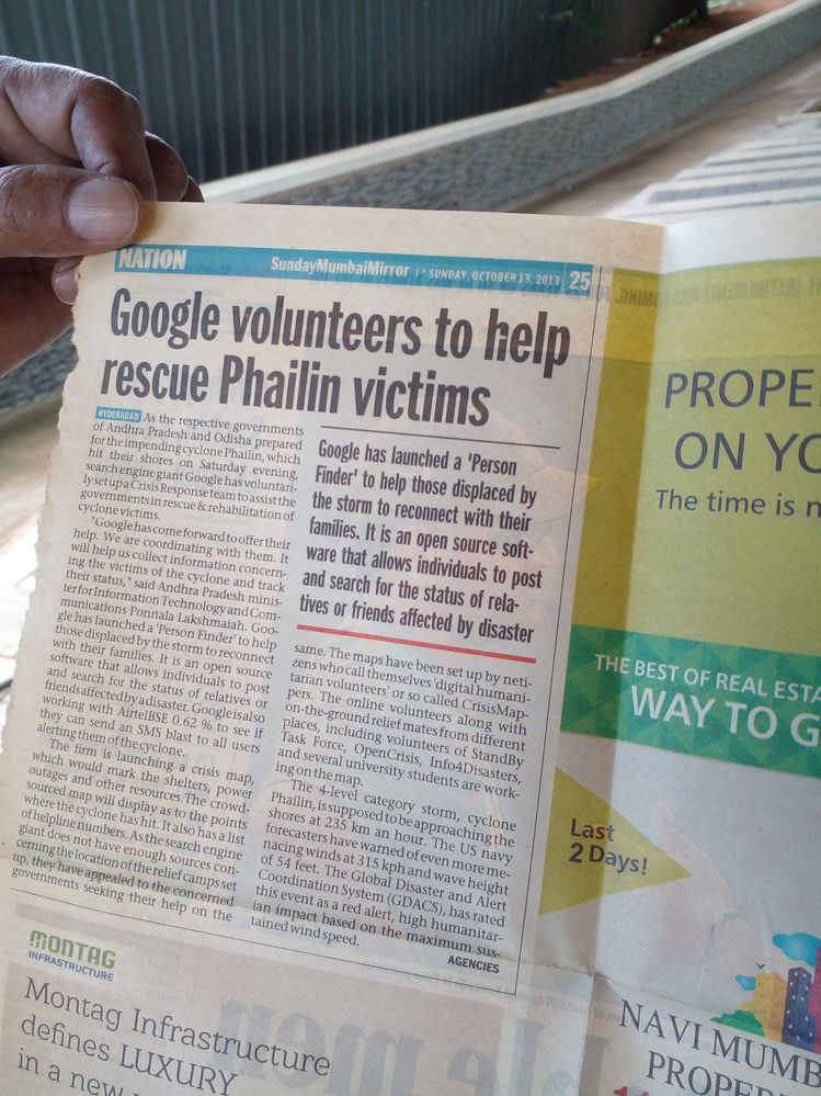 ARTICLE OF A NEWSPAPER IN WHICH GOOGLE VOLUNTEERS HELPED TO RESCUE PHAILIN VICTIMS.