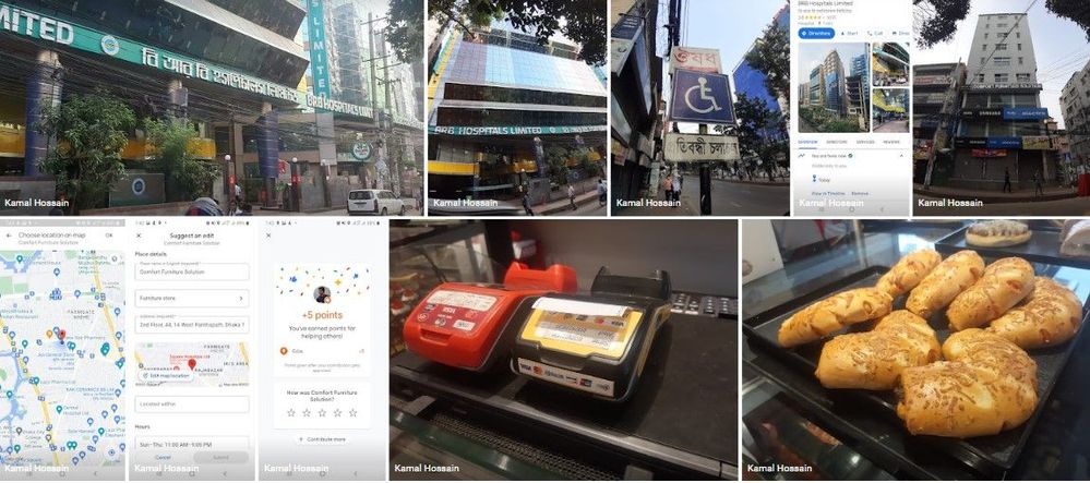 Caption: A collage photo with some buildings and a symbol of wheelchair in the middle of a footpath and some electronic  payment machine including Google Maps contributions report with point system.