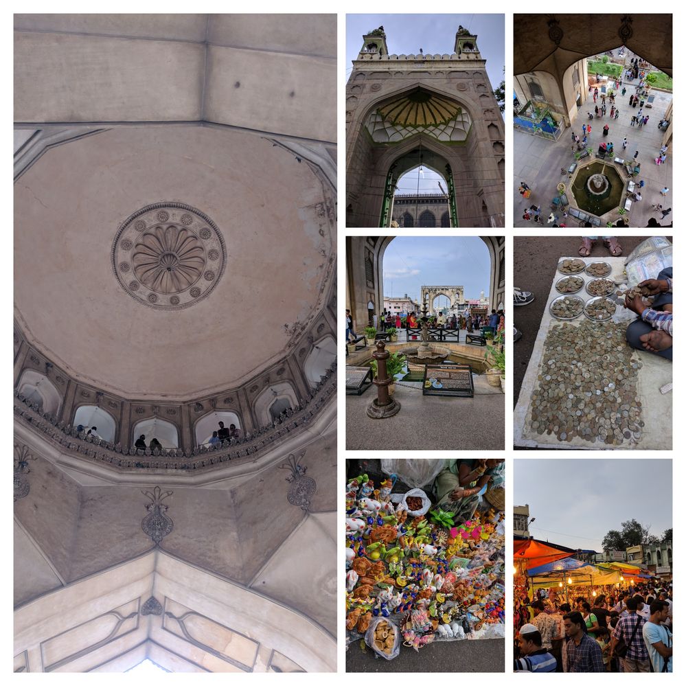 Serial wise from L to R: Charminar architecture, Mecca Masjid Kaman(Entrance), Charminar center look from top, Charminar, Old coins, artistic works, stalls