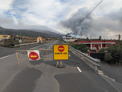 Road block during the Cumbre Vieja eruption, La Palma (Spain)