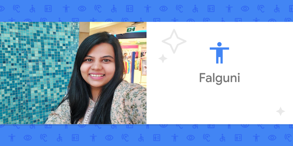 Caption: A photo of Falguni smiling and an illustration with the word ‘Falguni’ inside a blue frame with accessibility symbols.