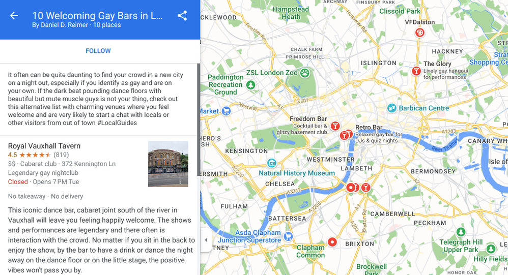Caption: A screenshot of Daniel’s list of 10 Welcoming Gay Bars in London on Google Maps with helpful details.
