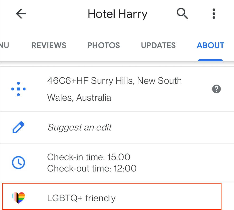 Caption: A screenshot of the Business Profile for Hotel Harry that showcases the LGBTQ+ friendly attribute on Google Maps.