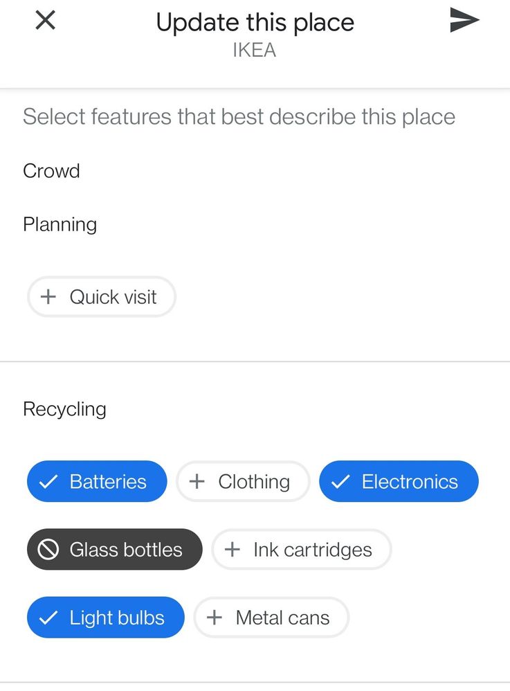Caption: A screenshot of different recycling attributes available in the About tab on a Business Profile.