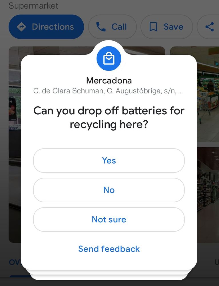 Caption: A screenshot of a recycling question card for a supermarket in the Google Maps app.
