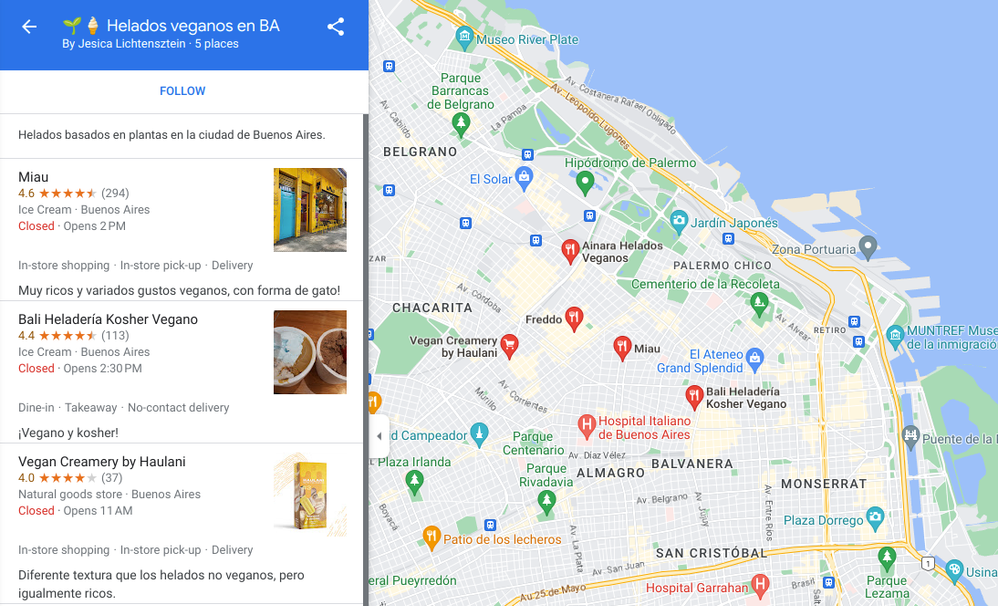 Caption: A screenshot of Jesi’s Google Maps list of vegan ice cream in Buenos Aires with helpful details.