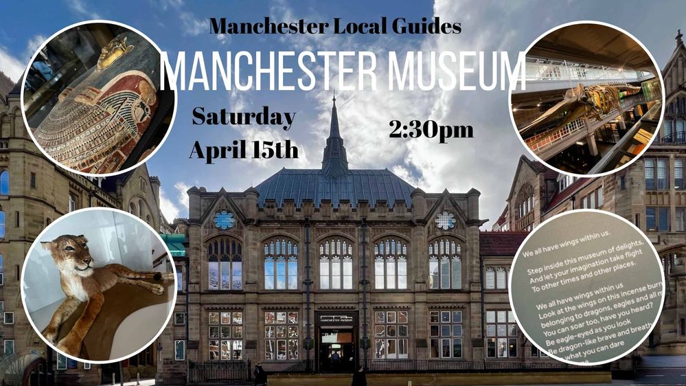 Caption: a banner photo of Manchester Museum with inset photos of some of the exhibits. The MeetUp details are superimposed.