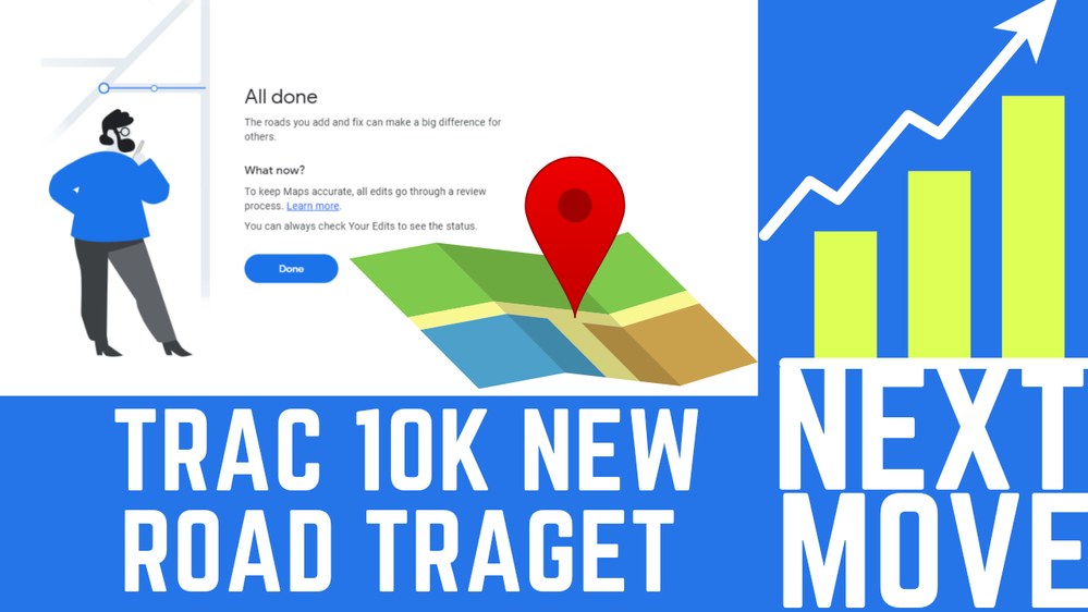 Caption: A banner for the new TRAC event  target made up of a screenshot from drawing roads on Google maps. A sign of a pin on a map and the words TRAC 10k new road target next move  arrow pointing up on graphical bars !!!