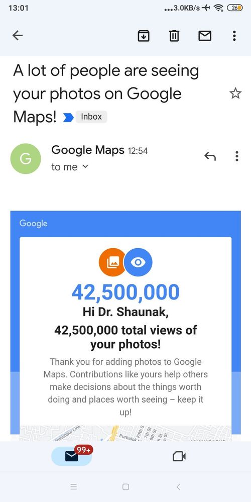 Screenshot of my mail received from Local Guides showing number of total views of my Photos