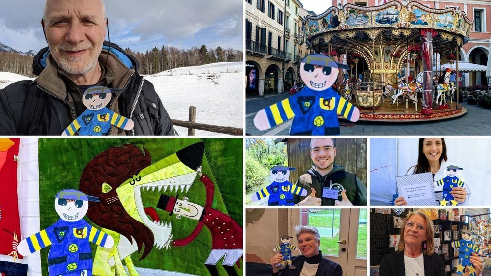 Caption: A series of photos of Flat Stanley traveling in Italy. Top left keeping warm in Ermes thermal sweater as they hike in the snow covered mountains; Top right near a children's carousel in the center of Treviso; bottom left while visiting a patchwork exhibition, in a composition dedicated to the circus; bottom right four photos with people who wanted to be photographed with him in museums, parks, or during cultural events