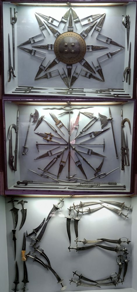 Medival era weapons arranged decoratively  in the Bikaner Fort Museum in Rajasthan