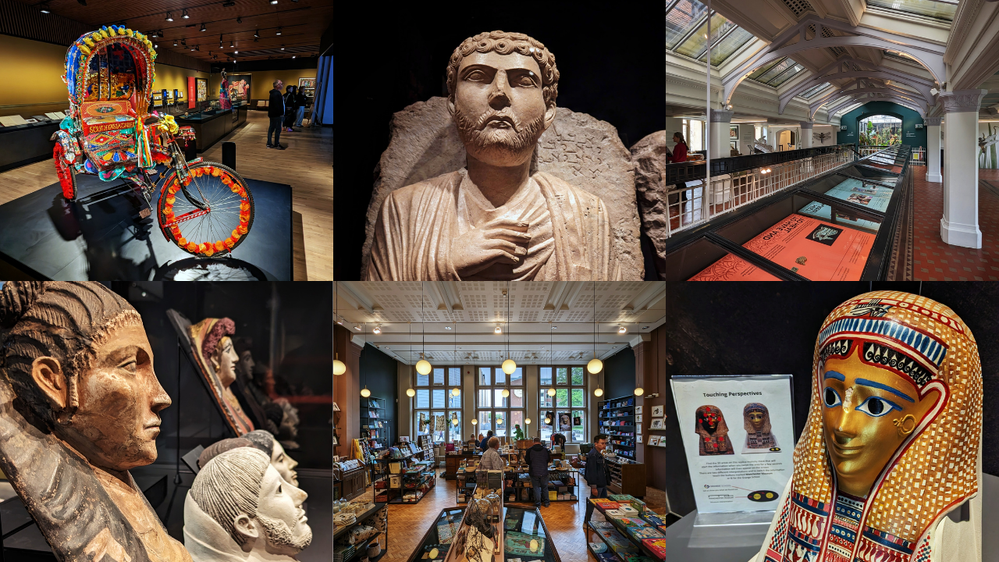 Caption: A collage of 6 photos showing the various exhibits and spaces found at the Manchester Museum.