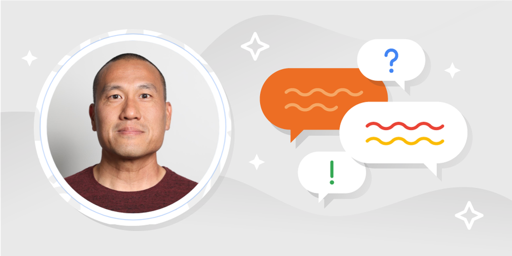 Caption: A photo of Masa and an illustration with four speech bubbles in the Google and Local Guides colors.