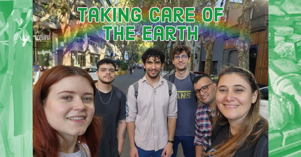 Caption: a group selfie with the text "Taking care of the earth"