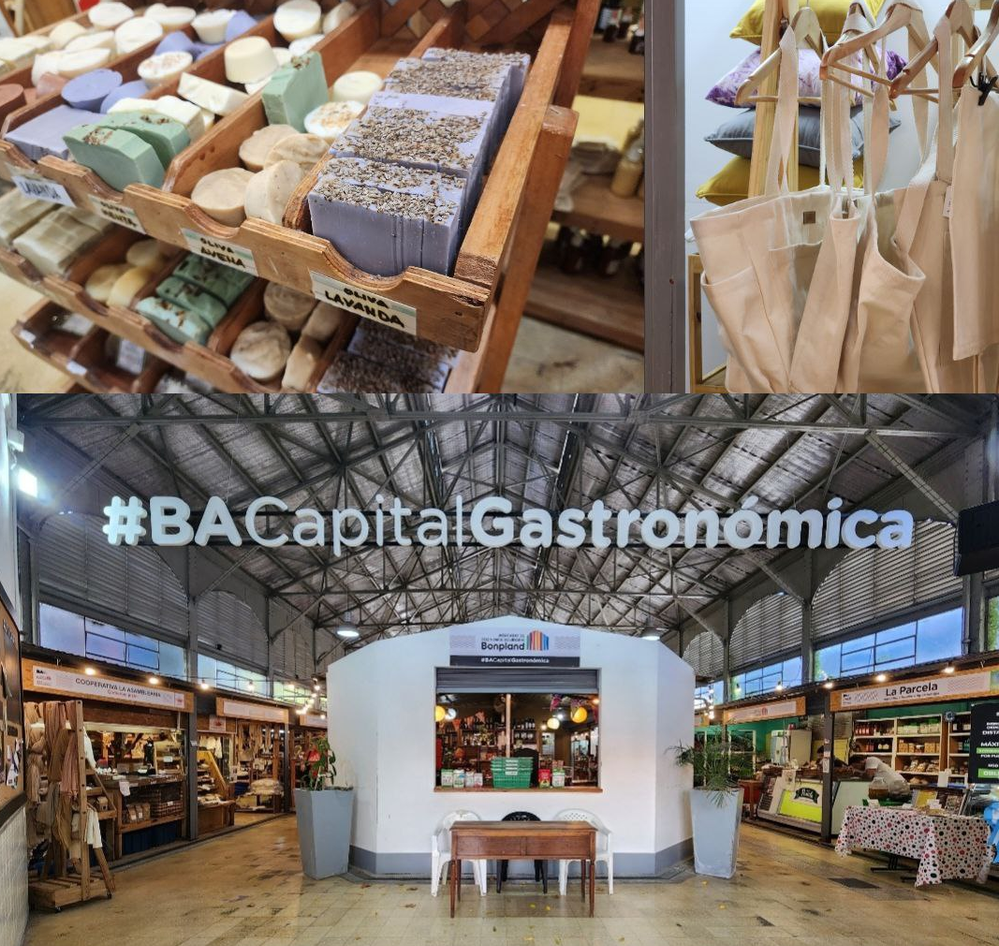 Caption: A collage of products like tote bags and soaps, and the space of the market.