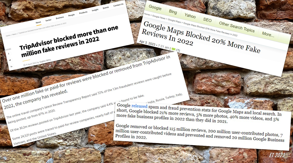 Caption: a series of titles of articles taken from the web where the problem of false reviews is reported