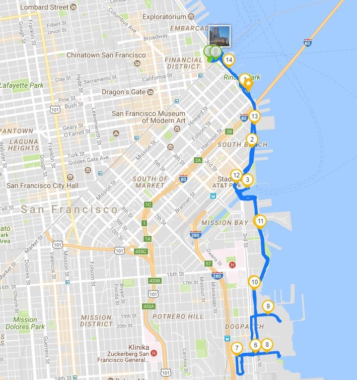tracklog of the 15km long 4hrs bike trip in South Beach, Mission Bay and Dog Patch area (Runtastic Bike PRO)