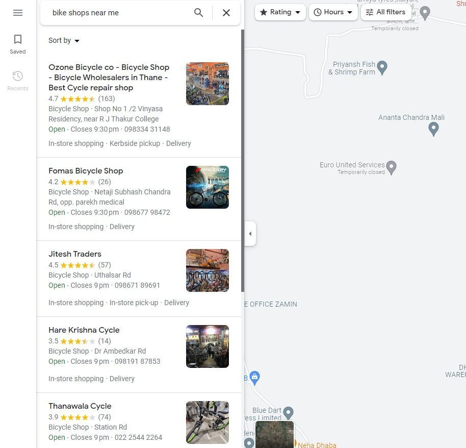 Maps screenshot taken by me showing bike shops near me on Maps