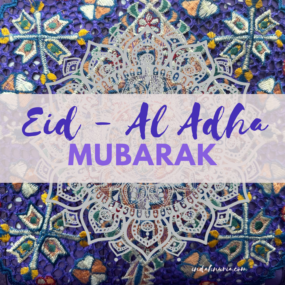 A banner of Eid Al-Adha Mubarak with purple embroideries and mandala in the background prepared by LG @indahnuria