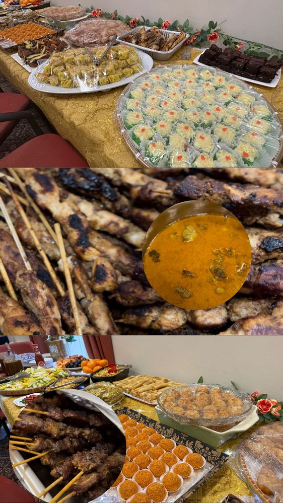 A collage of photos of food being served during Eid Al-Adha celebration - gulai kambing, sate kambing dan ayam, and many Indonesian traditional cakes and  munchies