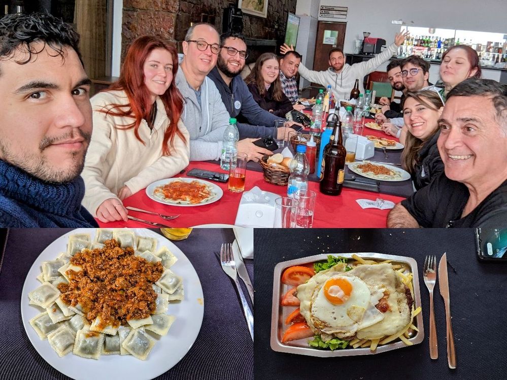 Foto 1: Todos los asistentes al meet-up almorzando. Foto 2: Plato de ravioles a la bolognesa. Foto 3: Famoso Chivito Uruguayo al plato (Foto de LG MC_Germi)