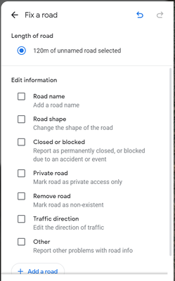 Editing options that show up when a road is selected in the editing mode.