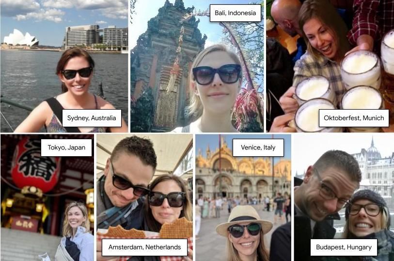 Caption: A collage of seven photos showing Googler Kristen in different places around the world: Australia, Indonesia, Germany, Japan, The Netherlands, Italy, and Hungary.