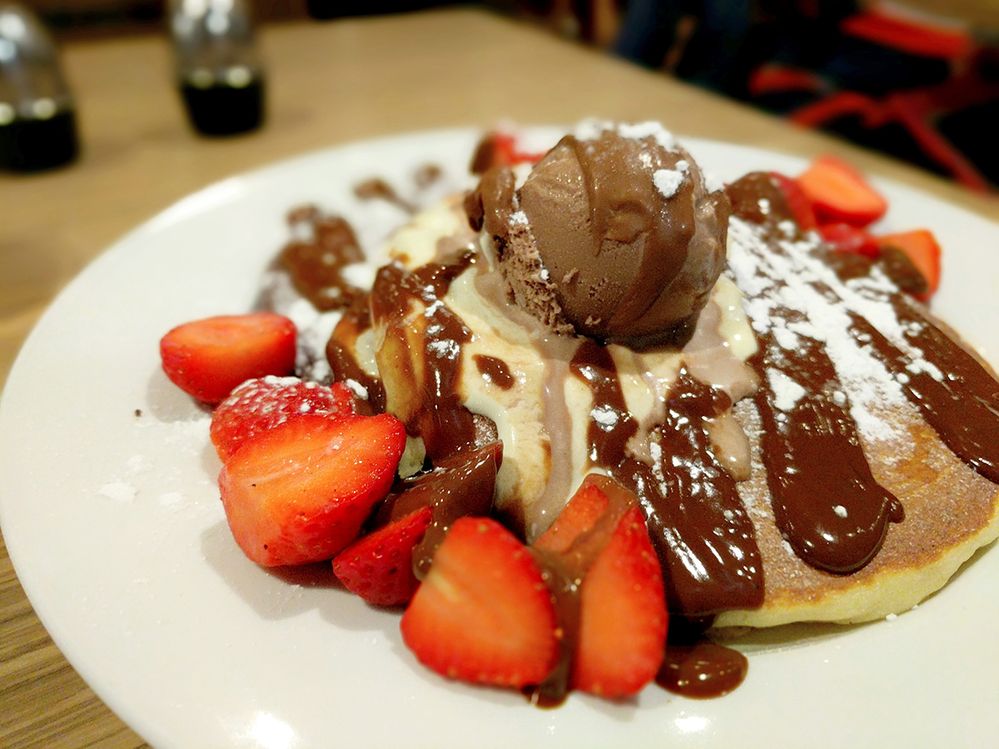 Can't go wrong with chocolate pancakes with chocolate sauce on top for dessert after a spicy dinner!