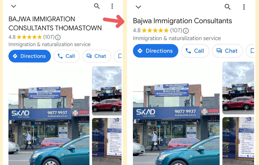 An image showing a business before and after fixing the misuse of All-Caps. Notice that the reference to the location was also removed from the name.