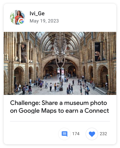 Caption: A screenshot of a challenge post with the title “Challenge: Share a museum photo on Google Maps to earn a Connect badge.”