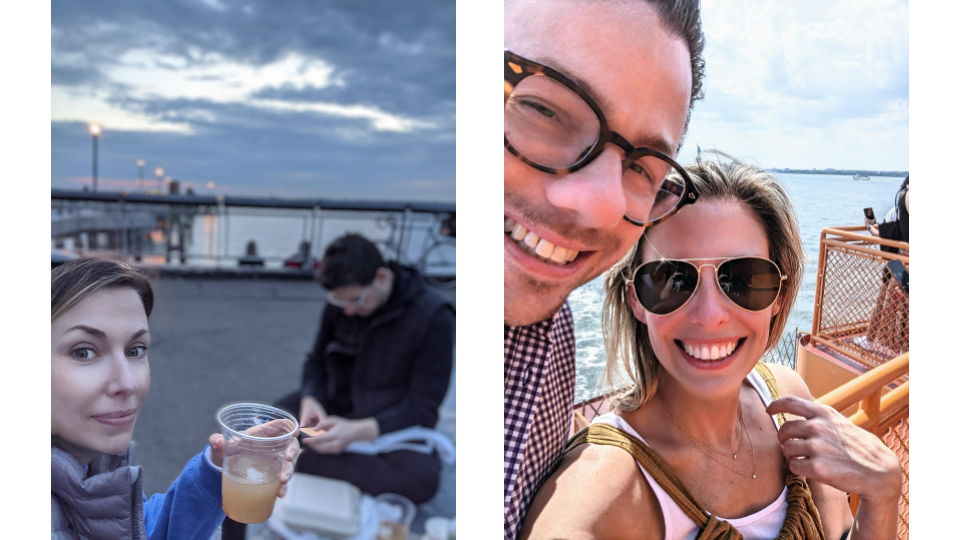 Caption: A collage of two photos showing Kristen holding a drink in the evening in Brooklyn, NYC (left) and smiling for a selfie on the Staten Island Ferry (right).