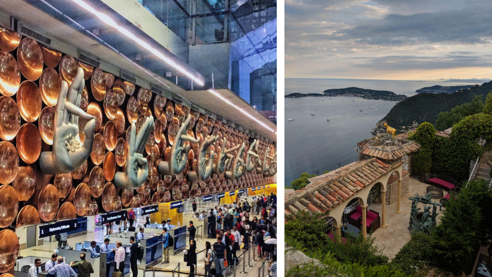 Caption: A collage of two photos showing the Indira Gandhi International Airport in New Delhi (left) — Kristen has visited India only for 60 hours as part of a work trip but she’d love to go back and experience more — and a view from the roof of La Chèvre d’Or in Eze, France (right).