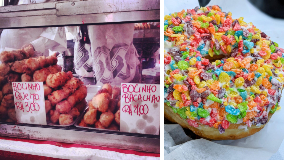 Caption: A collage of two photos showing street food in São Paulo, Brazil (left) and a donut with a colorful topping from a U.S. chain (right).
