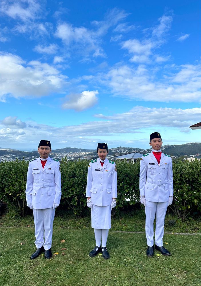 Caption: members of the Flag Raising troop or Paskibra in Wellington